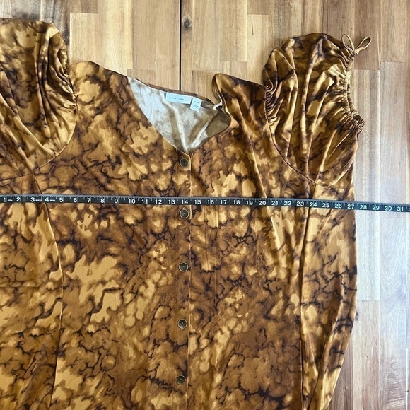 Susan Graver Golden Brown Abstract Printed Liquid Knit Elbow Sleeve Dress Sz 4X - Picture 6 of 12